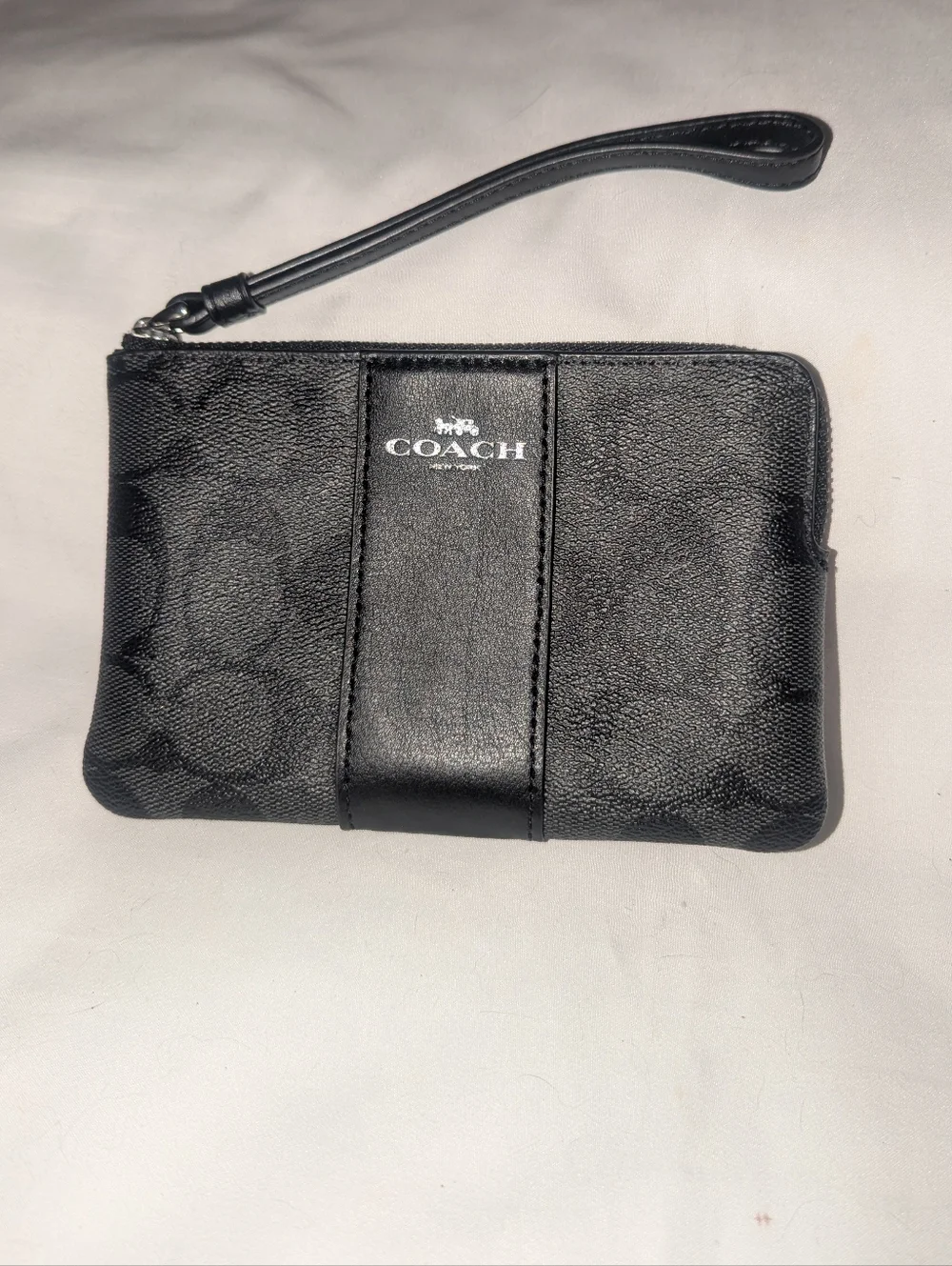 Coach Charcoal Signature Logo Wristlet with Leather Trim.58035